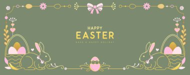 Mutlu Paskalya posterleri ya da tavşanlı tebrik kartları, çiçekli dekoratif öğeler ve yeşil arka planda Paskalya yumurtaları. Paskalya çerçevesi. Vektör illüstrasyonu