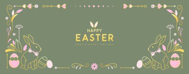Mutlu Paskalya posterleri ya da tavşanlı tebrik kartları, çiçekli dekoratif öğeler ve yeşil arka planda Paskalya yumurtaları. Paskalya çerçevesi. Vektör illüstrasyonu