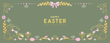Mutlu Paskalya posterleri ya da tavşanlı tebrik kartları, çiçekli dekoratif öğeler ve yeşil arka planda Paskalya yumurtaları. Paskalya çerçevesi. Vektör illüstrasyonu