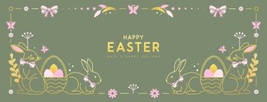Mutlu Paskalya posterleri ya da tavşanlı tebrik kartları, çiçekli dekoratif öğeler ve yeşil arka planda Paskalya yumurtaları. Paskalya çerçevesi. Vektör illüstrasyonu