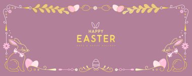Mutlu Paskalya posterleri ya da tavşanlı tebrik kartları, çiçek ve pembe arka planda Paskalya yumurtaları. Paskalya çerçevesi. Vektör illüstrasyonu
