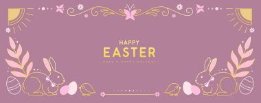 Mutlu Paskalya posterleri ya da tavşanlı tebrik kartları, çiçek ve pembe arka planda Paskalya yumurtaları. Paskalya çerçevesi. Vektör illüstrasyonu