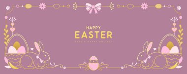 Mutlu Paskalya posterleri ya da tavşanlı tebrik kartları, çiçek ve pembe arka planda Paskalya yumurtaları. Paskalya çerçevesi. Vektör illüstrasyonu
