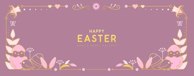 Mutlu Paskalya posterleri ya da tavuklu tebrik kartları, tavşan kulakları, çiçek unsurları ve pembe arka planda Paskalya yumurtaları. Paskalya çerçevesi. Vektör illüstrasyonu