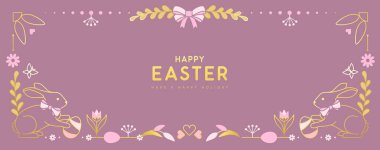 Mutlu Paskalya posterleri ya da tavşanlı tebrik kartları, çiçek ve pembe arka planda Paskalya yumurtaları. Paskalya çerçevesi. Vektör illüstrasyonu