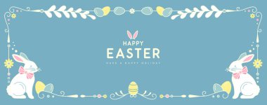 Mutlu Paskalya posterleri ya da içinde tavşanlar, çiçek elementleri ve mavi arka planda Paskalya yumurtaları olan tebrik kartları. Paskalya çerçevesi. Vektör illüstrasyonu