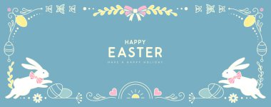 Mutlu Paskalya posterleri ya da içinde tavşanlar, çiçek elementleri ve mavi arka planda Paskalya yumurtaları olan tebrik kartları. Paskalya çerçevesi. Vektör illüstrasyonu