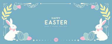 Mutlu Paskalya posterleri ya da içinde tavşanlar, çiçek elementleri ve mavi arka planda Paskalya yumurtaları olan tebrik kartları. Paskalya çerçevesi. Vektör illüstrasyonu