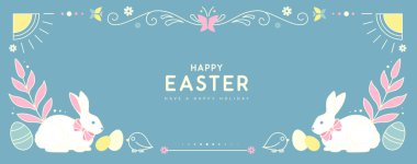 Mutlu Paskalya posterleri ya da içinde tavşanlar, çiçek elementleri ve mavi arka planda Paskalya yumurtaları olan tebrik kartları. Paskalya çerçevesi. Vektör illüstrasyonu