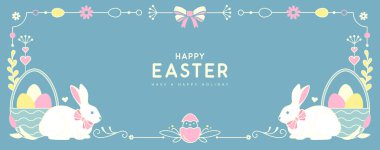 Mutlu Paskalya posterleri ya da içinde tavşanlar, çiçek elementleri ve mavi arka planda Paskalya yumurtaları olan tebrik kartları. Paskalya çerçevesi. Vektör illüstrasyonu
