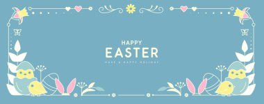 Mutlu Paskalya posterleri ya da tavuklu tebrik kartları, tavşan kulakları, çiçek unsurları ve mavi arka planda Paskalya yumurtaları. Paskalya çerçevesi. Vektör illüstrasyonu