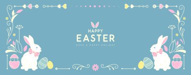 Mutlu Paskalya posterleri ya da içinde tavşanlar, çiçek elementleri ve mavi arka planda Paskalya yumurtaları olan tebrik kartları. Paskalya çerçevesi. Vektör illüstrasyonu