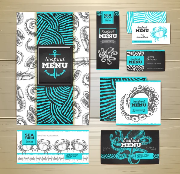 Design de menu de frutos do mar. Identidade corporativa. Modelo de documento — Vetor de Stock