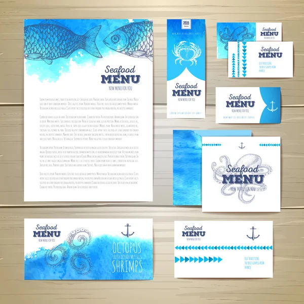 Watercolor Seafood menu design. Corporate identity. Document template — Stock Vector