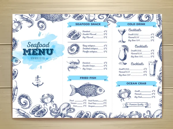 Vintage seafood menu design. Document template — Stock Vector