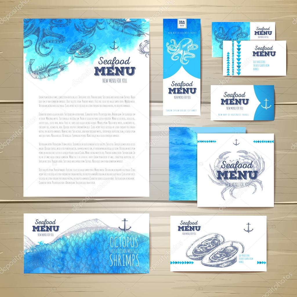 Watercolor Seafood menu design. Corporate identity. Document template