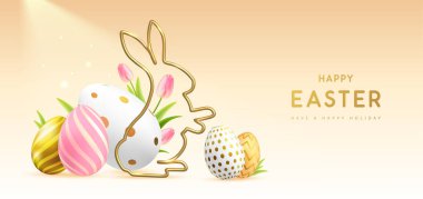 Renkli paskalya yumurtaları, altın tavşan silueti ve lalelerle mutlu Paskalya arkaplanları. Tatil tebrik kartı ya da poster. Vektör illüstrasyonu