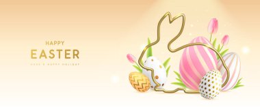 Renkli paskalya yumurtaları, altın tavşan silueti ve lalelerle mutlu Paskalya arkaplanları. Tatil tebrik kartı ya da poster. Vektör illüstrasyonu