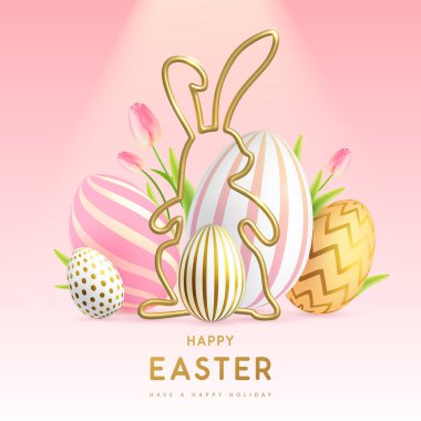 Renkli paskalya yumurtaları, altın tavşan silueti ve lalelerle mutlu Paskalya arkaplanları. Tatil tebrik kartı ya da poster. Vektör illüstrasyonu