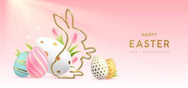 Renkli paskalya yumurtaları, altın tavşan silueti ve lalelerle mutlu Paskalya arkaplanları. Tatil tebrik kartı ya da poster. Vektör illüstrasyonu