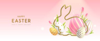 Renkli paskalya yumurtaları, altın tavşan silueti ve lalelerle mutlu Paskalya arkaplanları. Tatil tebrik kartı ya da poster. Vektör illüstrasyonu