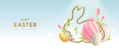 Renkli paskalya yumurtaları, altın tavşan silueti ve lalelerle mutlu Paskalya arkaplanları. Tatil tebrik kartı ya da poster. Vektör illüstrasyonu