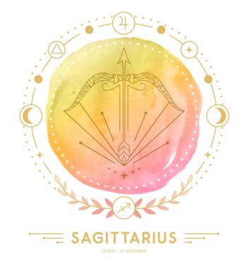Astroloji, Sagittarius Zodiac imzalı, suluboya arka planda modern büyü kartı. Vektör illüstrasyonu