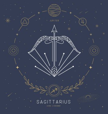 Astroloji yay burcunun karakteristik işaretli modern büyü kartı. Vektör illüstrasyonu