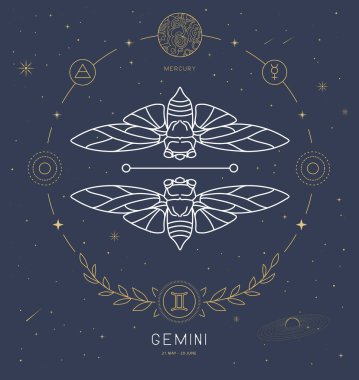 Astrolojisi olan modern büyü kartı Gemini burcunun karakteristiği. Vektör illüstrasyonu