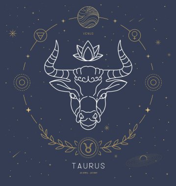 Astroloji Taurus burcunun karakteristik işaretli modern büyü kartı. Vektör illüstrasyonu