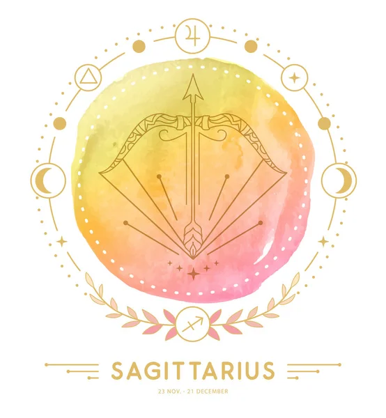 Astroloji, Sagittarius Zodiac imzalı, suluboya arka planda modern büyü kartı. Vektör illüstrasyonu