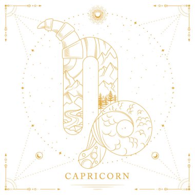 Uzay arka planında burcun burcunun işareti olan modern büyü büyücülük kartı. Çizgi sanat vektörü illüstrasyonu