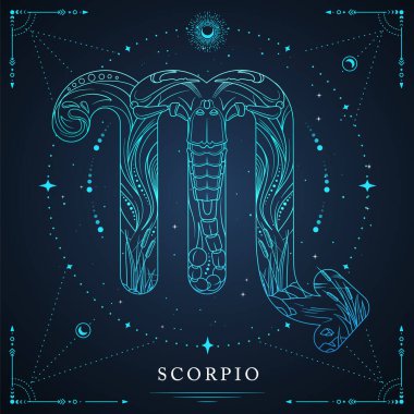 Astrolojisi olan modern büyü büyücülüğü kartı uzay arka planında Akrep burcu. Çizgi sanat vektörü illüstrasyonu