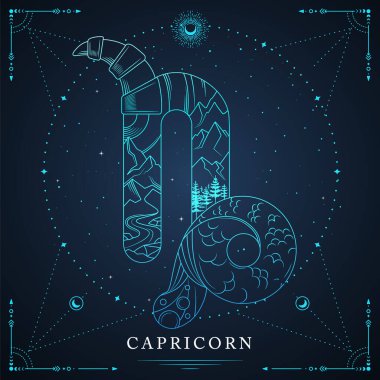 Uzay arka planında burcun burcunun işareti olan modern büyü büyücülük kartı. Çizgi sanat vektörü illüstrasyonu