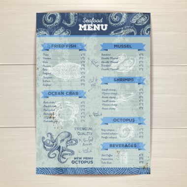 Vintage deniz ürünleri menü tasarımı.
