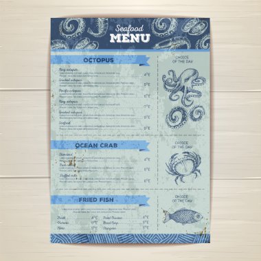 Vintage deniz ürünleri menü tasarımı.