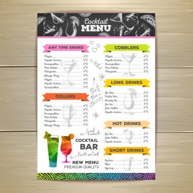 Vintage kokteyl menü tasarımı. Belge şablonu