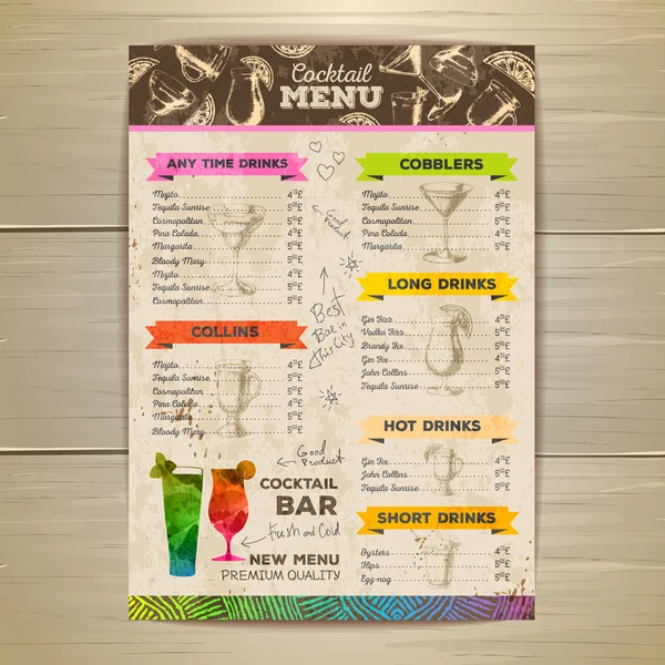 Design del menu cocktail vintage. Modello di documento — Vettoriale Stock