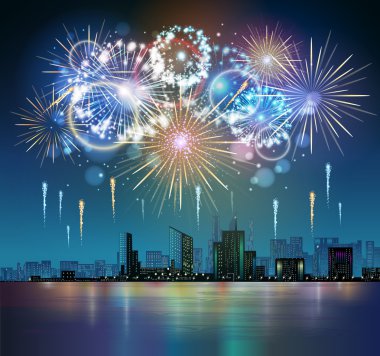 Vektör tatil havai fişek ve nignt şehir