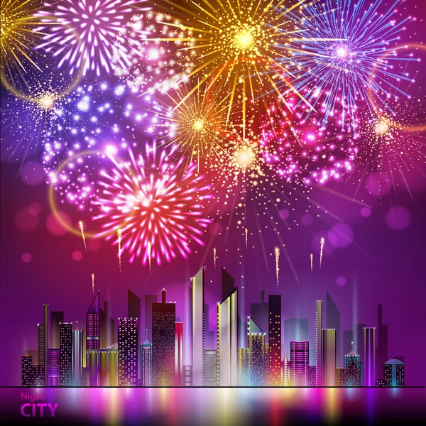 Vector holiday firework and nignt city — Stock Vector