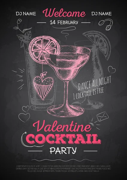 Chalk drawing cocktail valentine party poster — Stock Vector