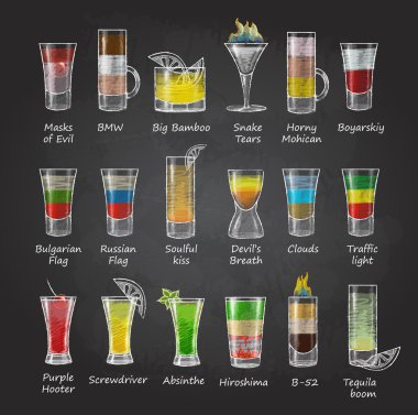 Tebeşir çizimleri. Shot kokteyller kümesi. menü tasarımı