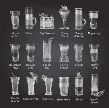 Tebeşir çizimleri. Shot kokteyller kümesi. menü tasarımı