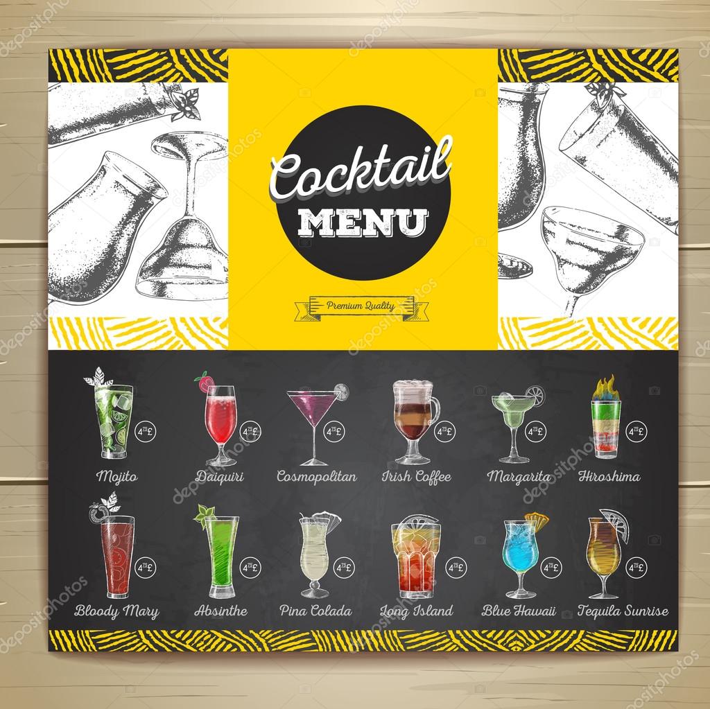 Vintage chalk drawing cocktail menu design. Corporate identity