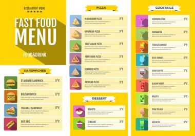 Fast food menü. Yiyecek ve içecek simgeler kümesi. Düz stil tasarım.