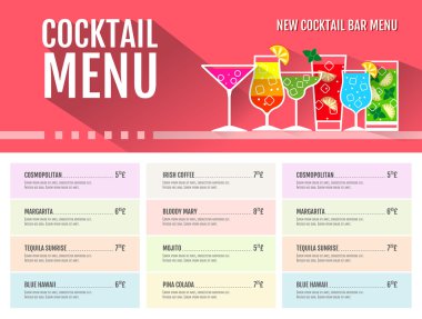 Düz stil kokteyl menü tasarımı