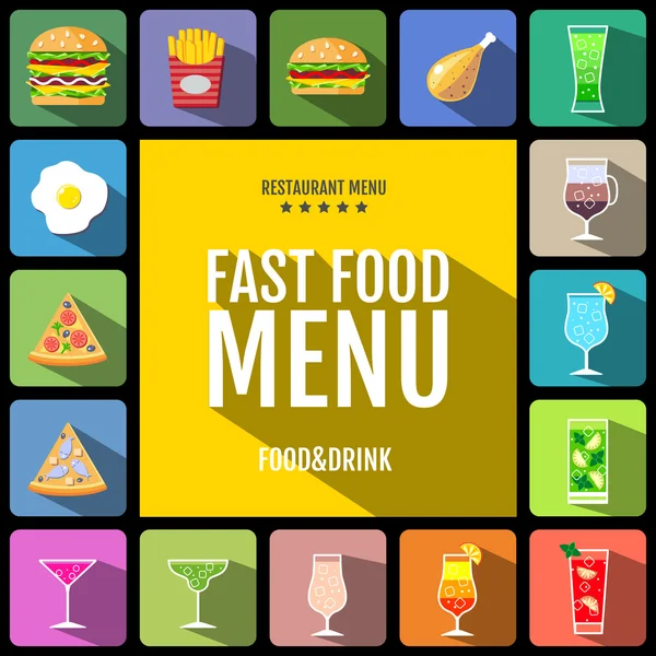 Nabídka rychlého občerstvení. Sada ikon potravin a nápojů. Plochý design. — Stockový vektor