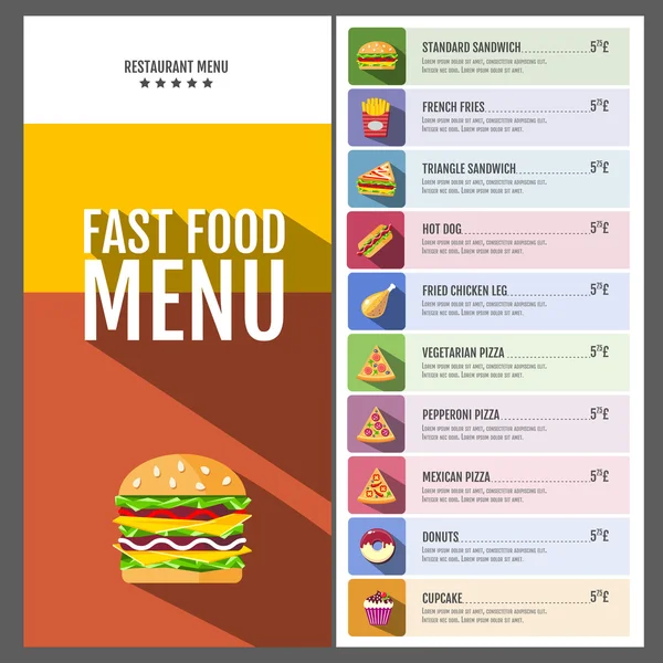 Menù fast food. Set di icone cibo e bevande. Design in stile piatto . — Vettoriale Stock