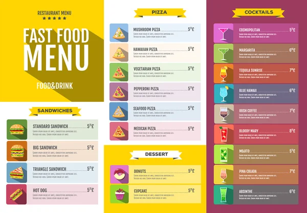 快餐菜单。食物和饮料的图标集。平面样式设计. — 图库矢量图片