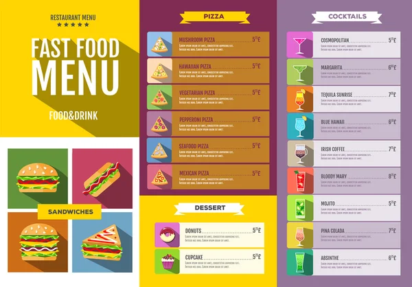 Menu de fast food. Conjunto de ícones de comida e bebidas. Design de estilo plano . —  Vetores de Stock